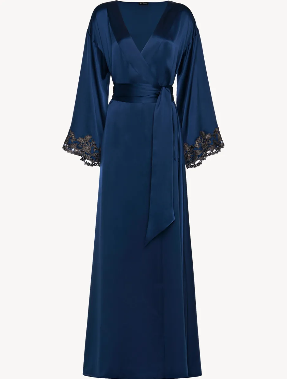 Blue Long Silk Robe With Frastaglio