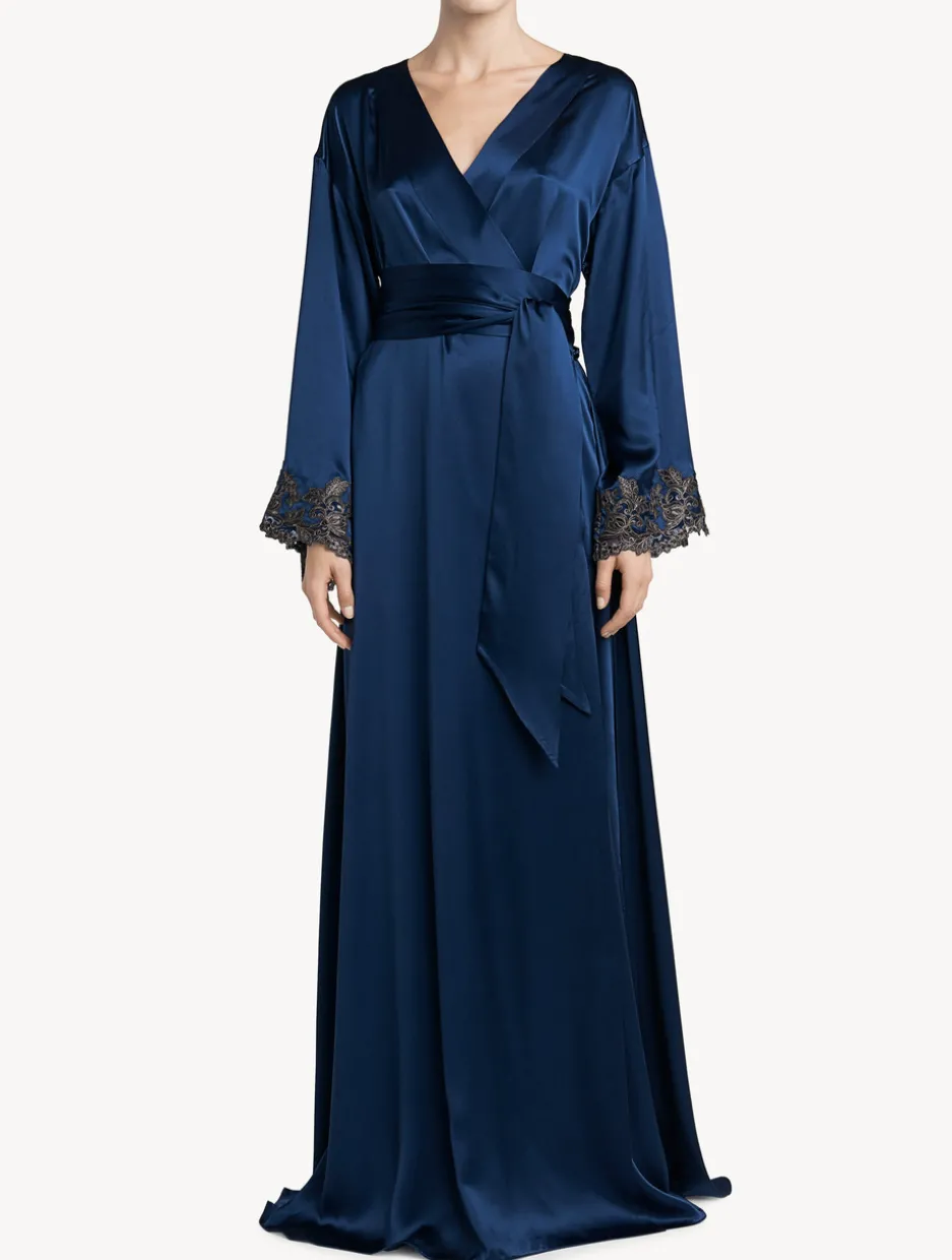 Blue Long Silk Robe With Frastaglio