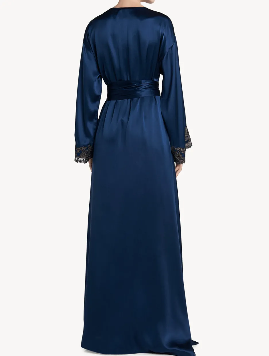 Blue Long Silk Robe With Frastaglio