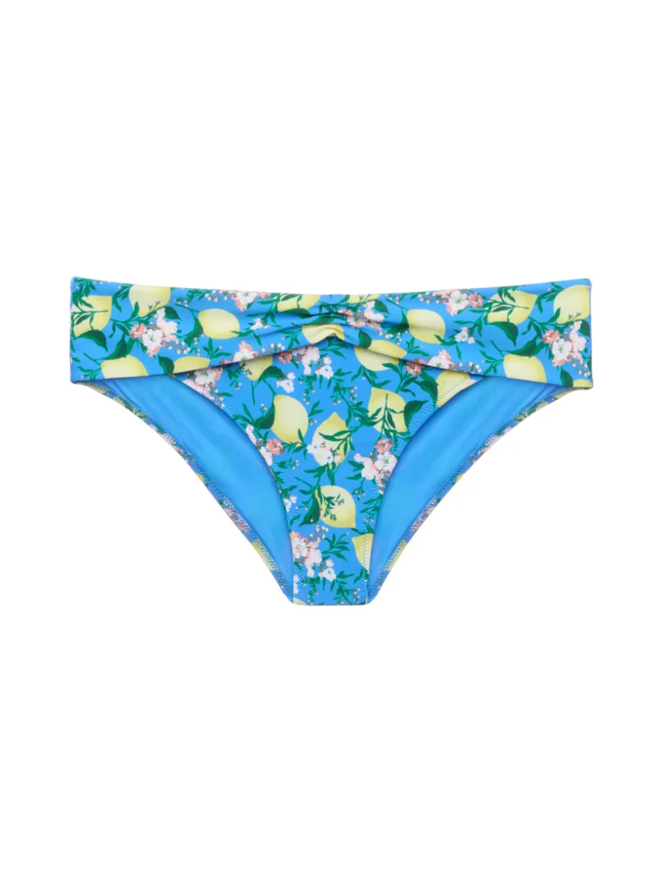 Blue Printed Bikini Brief With Draped Waist