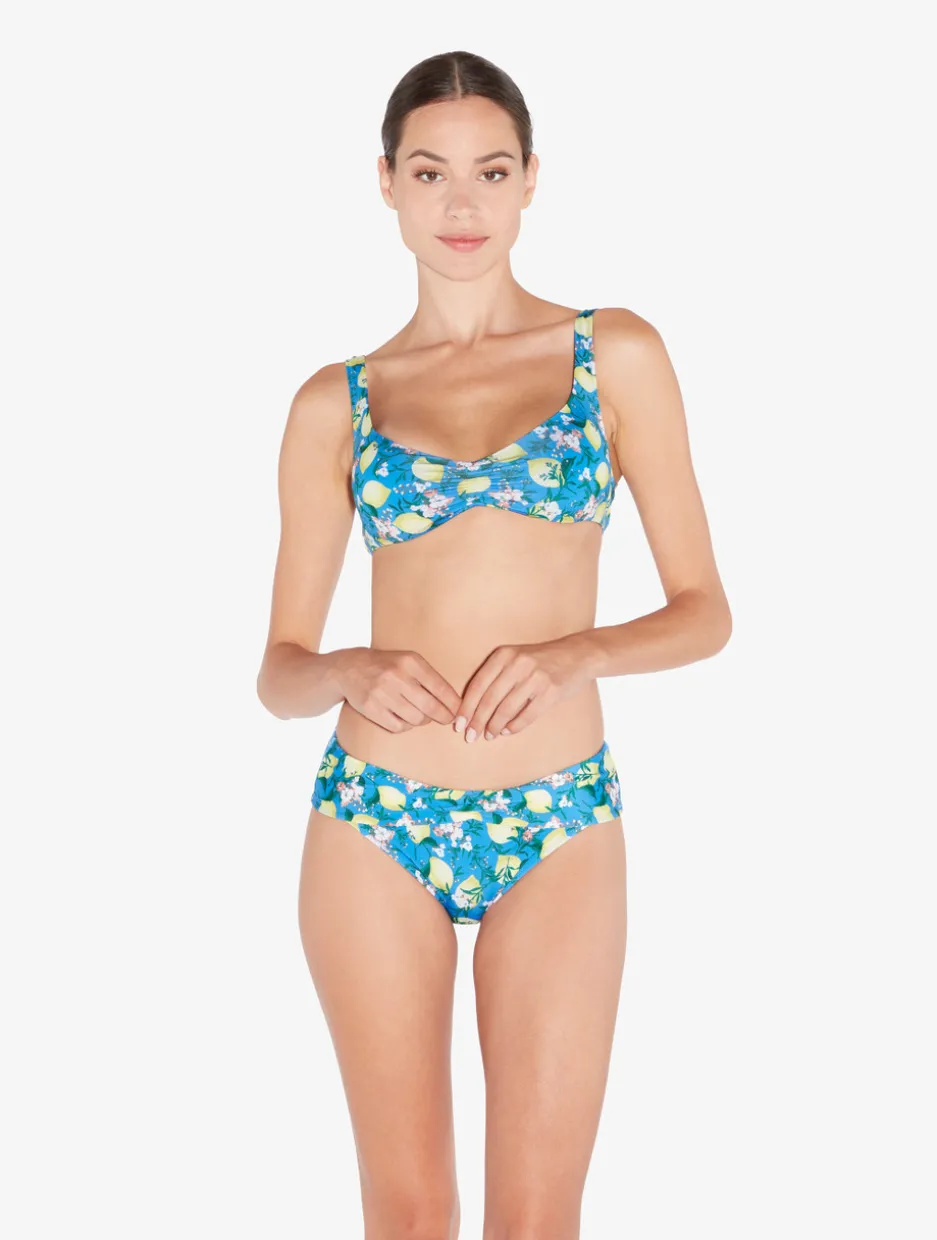 Blue Printed Bikini Brief With Draped Waist
