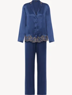 Blue Silk Long Pajamas With Frastaglio