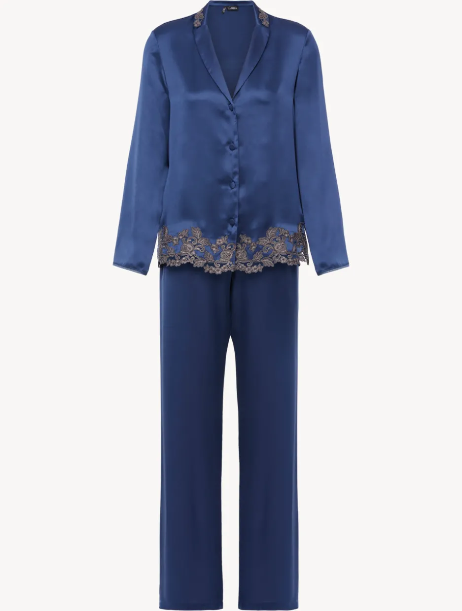 Blue Silk Long Pajamas With Frastaglio