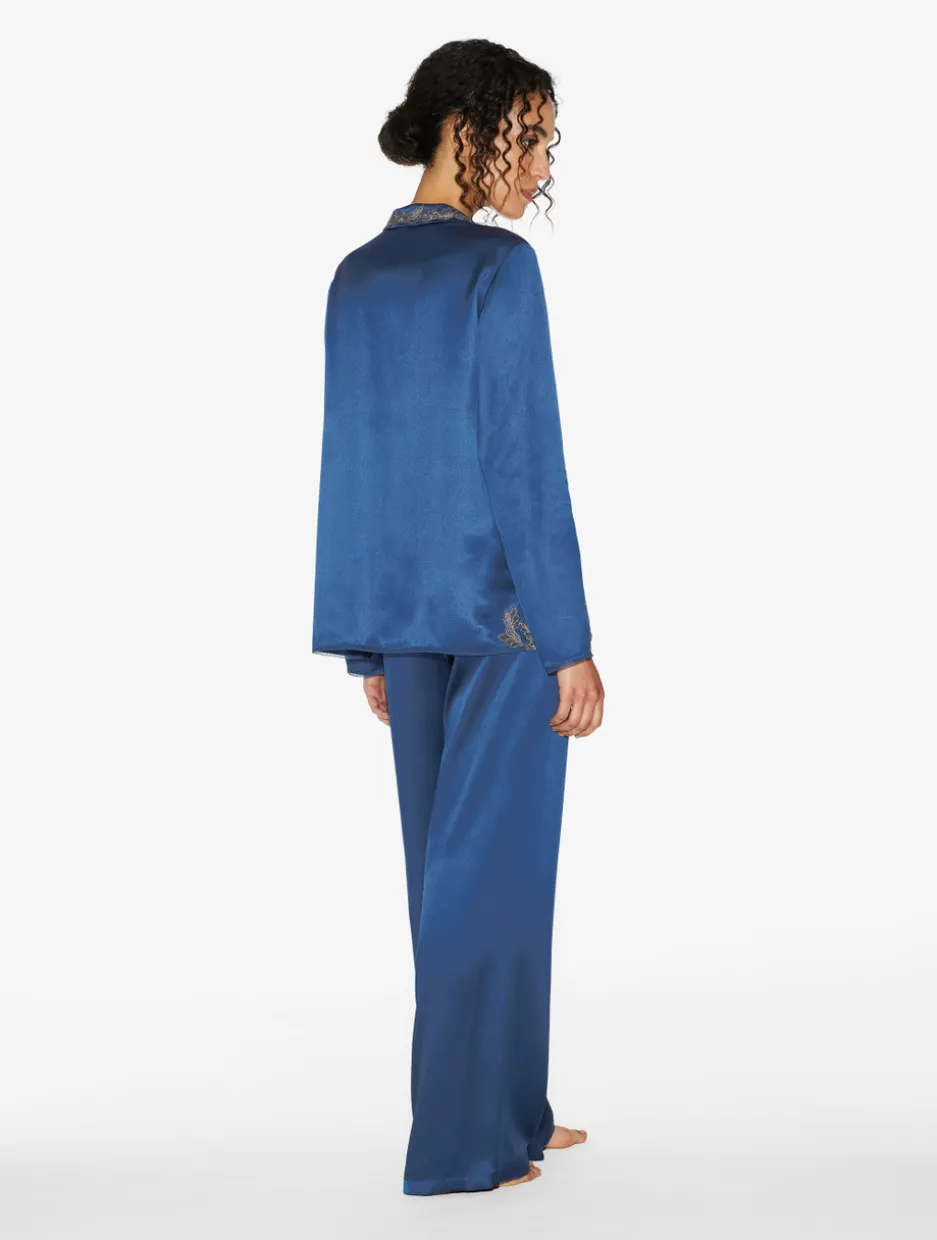 Blue Silk Long Pajamas With Frastaglio
