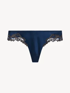 Blue Silk Satin G-string With Frastaglio