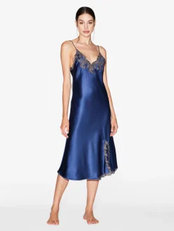 Blue Silk Satin Short Nightgown With Frastaglio