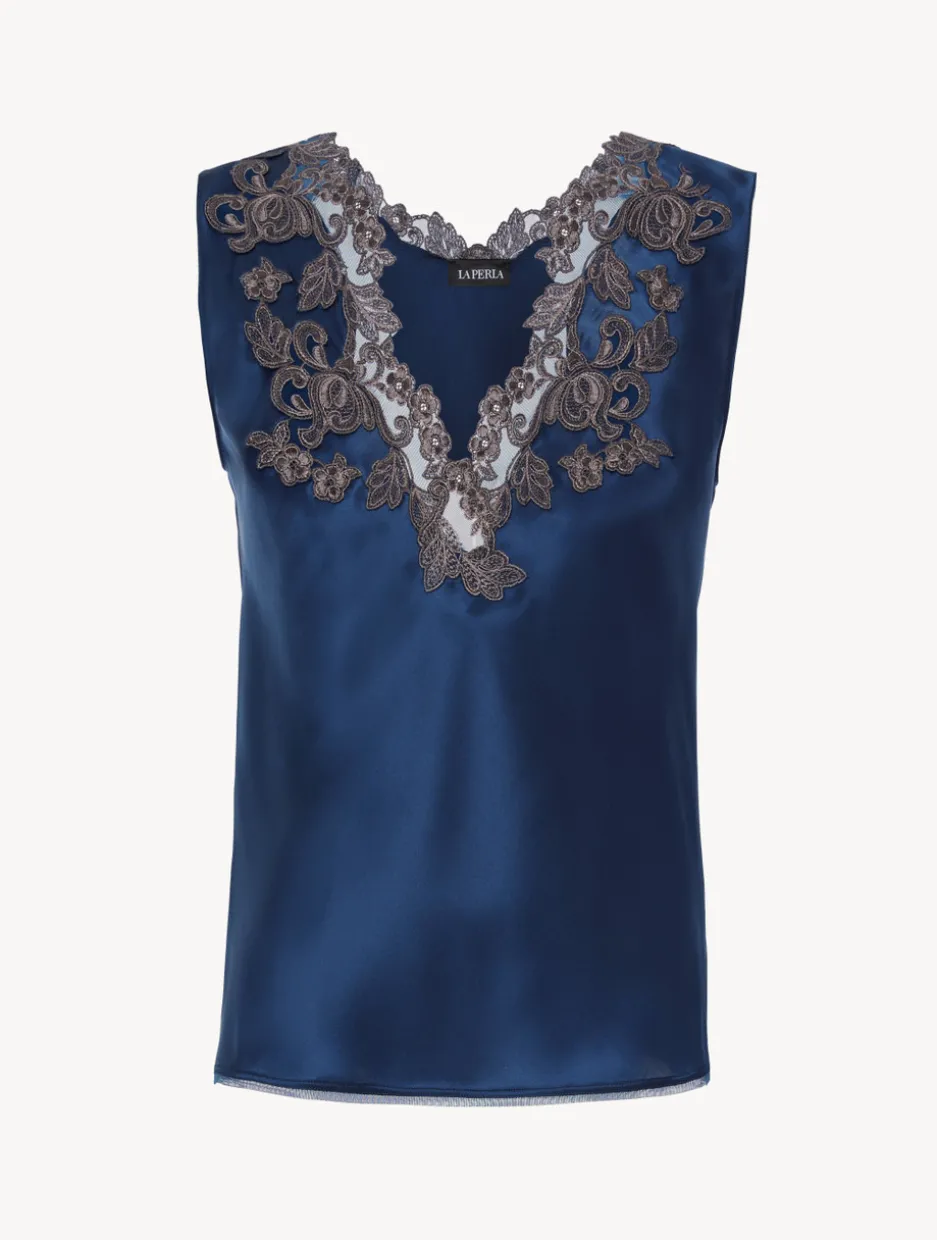 Blue Silk Satin Top With Frastaglio
