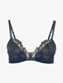 Blue Silk Triangle Bra With Frastaglio