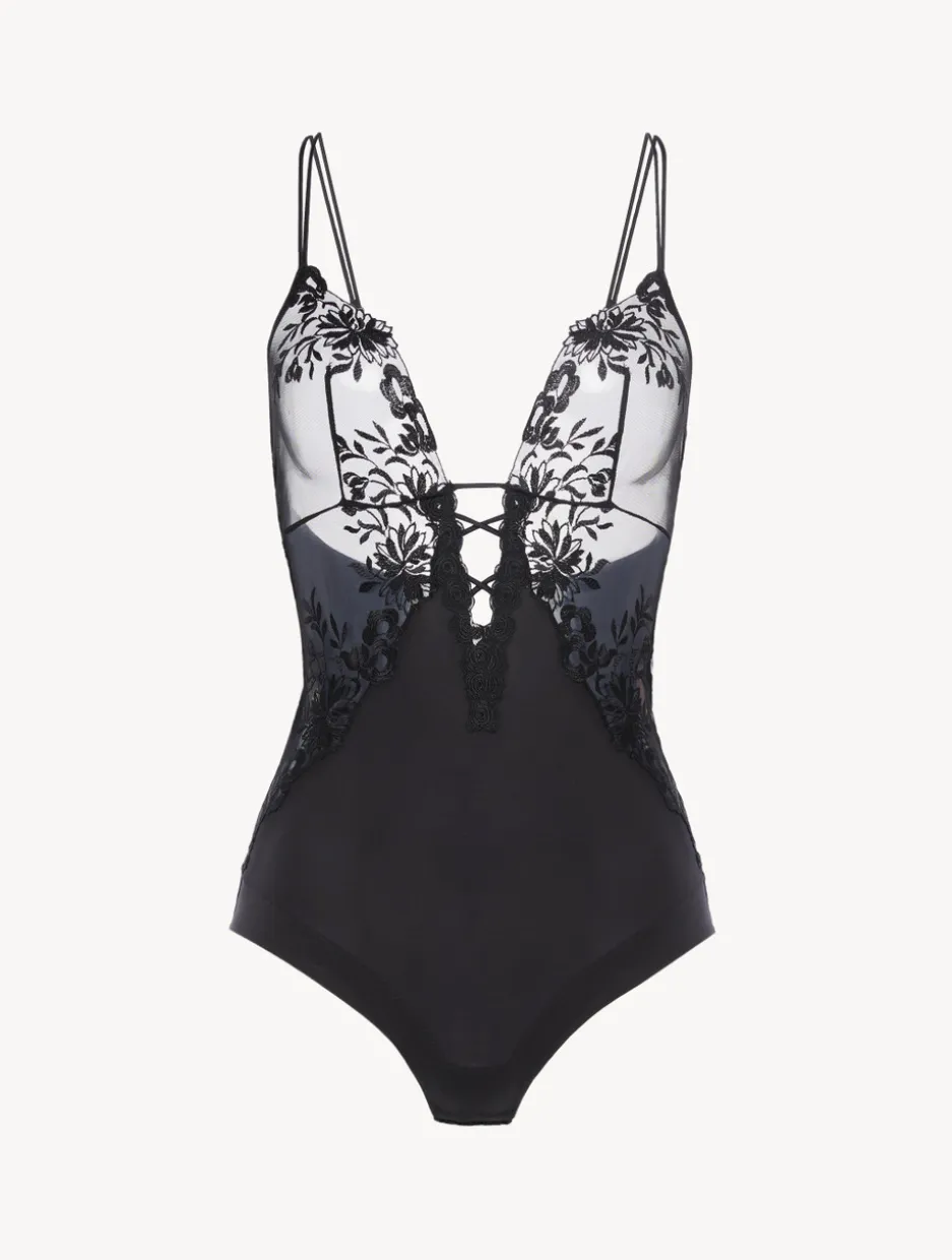 Bodysuit In Black Lycra With Embroidered Tulle