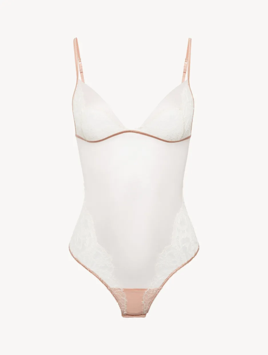 Bodysuit In Linen And Nude Rose With Leavers Lace