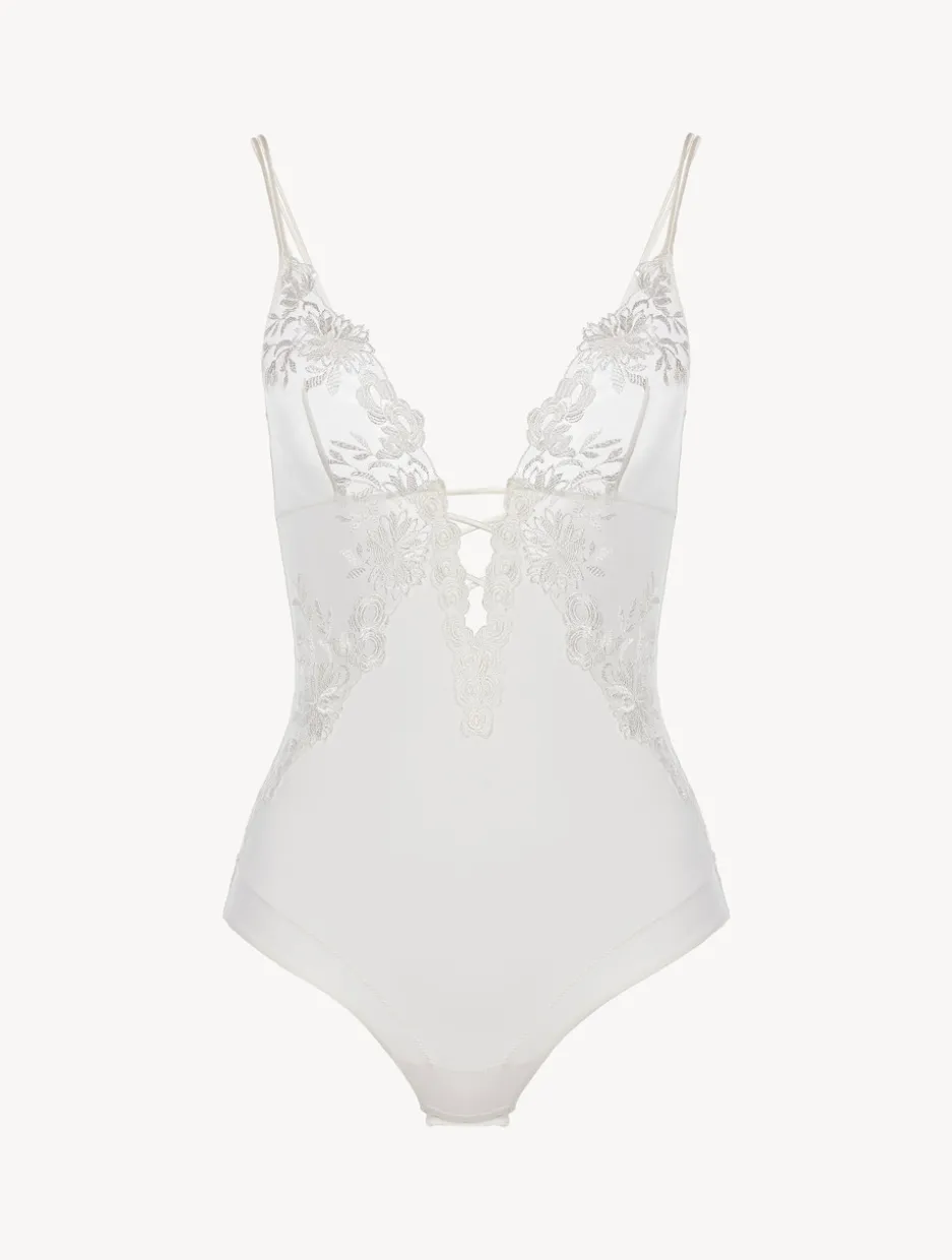 Bodysuit In Off-white Lycra With Embroidered Tulle