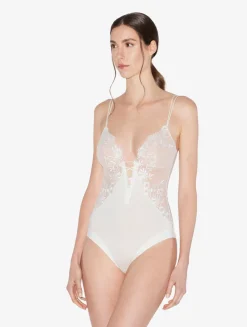 Bodysuit In Off-white Lycra With Embroidered Tulle