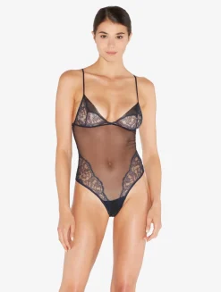 Bodysuit In Steel Blue And Black With Leavers Lace