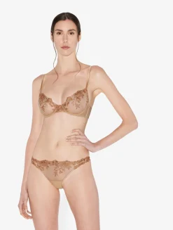 Brazilian Brief In Beige Lycra With Embroidered Tulle