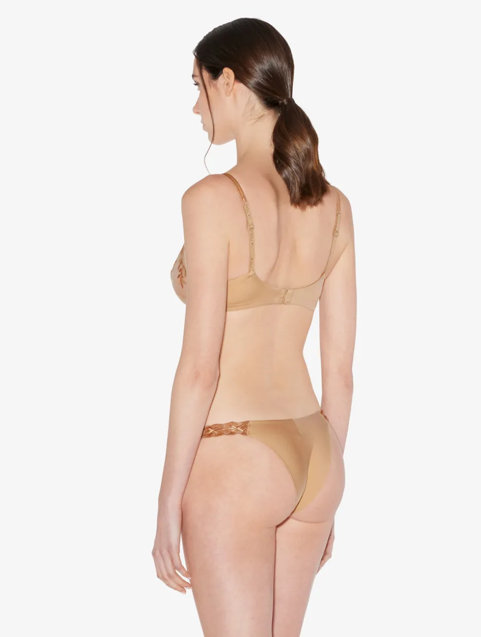 Brazilian Brief In Beige Lycra With Embroidered Tulle