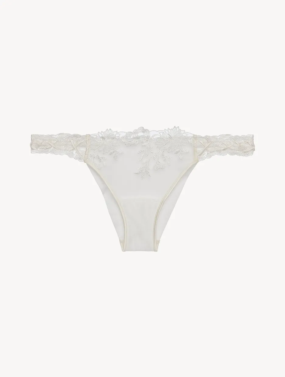 Brazilian Brief In Off-white Lycra With Embroidered Tulle