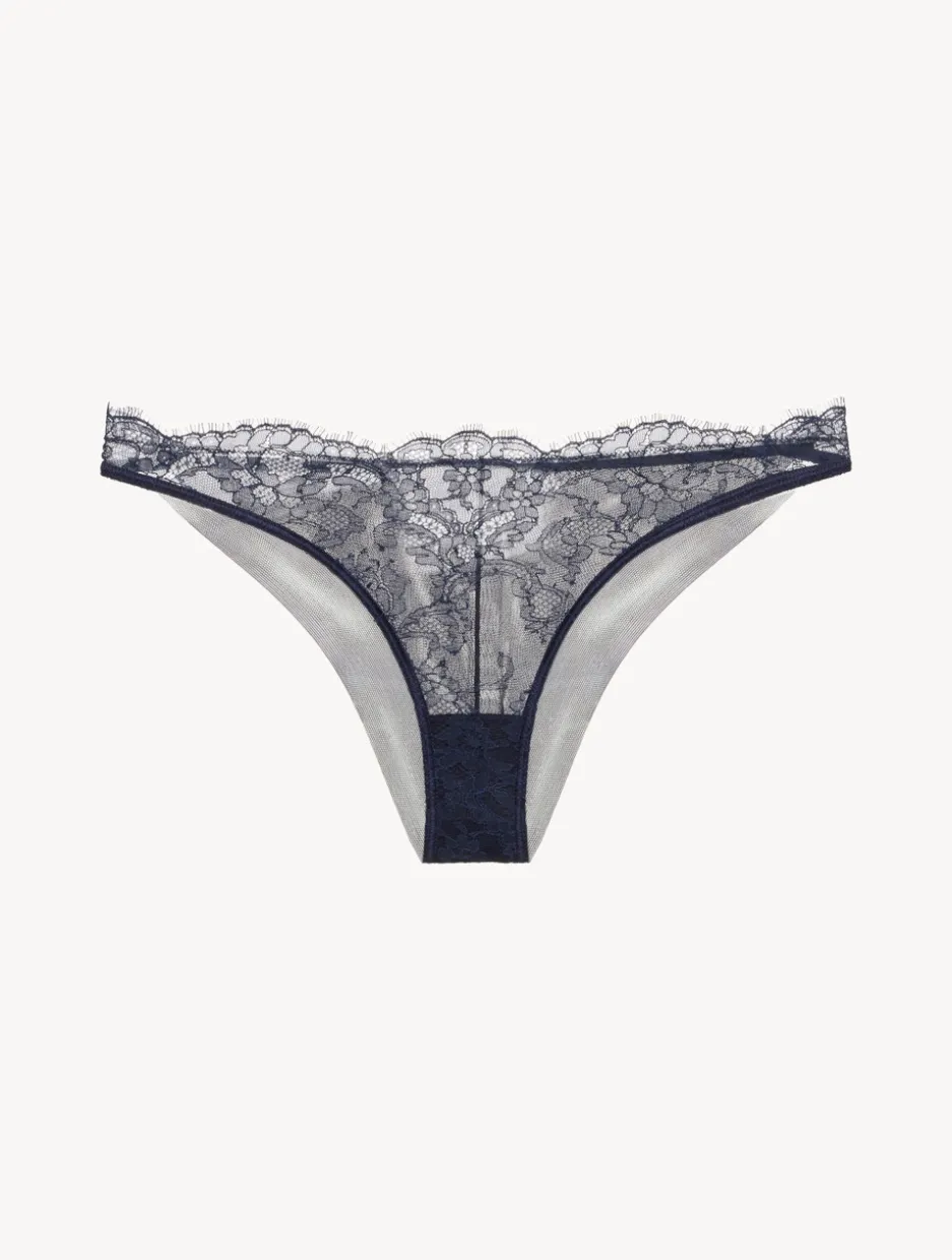 Brazilian Brief In Steel Blue And Black With Leavers Lace