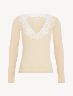 Cashmere Blend Ribbed Long-sleeved Top In Halo With Frastaglio