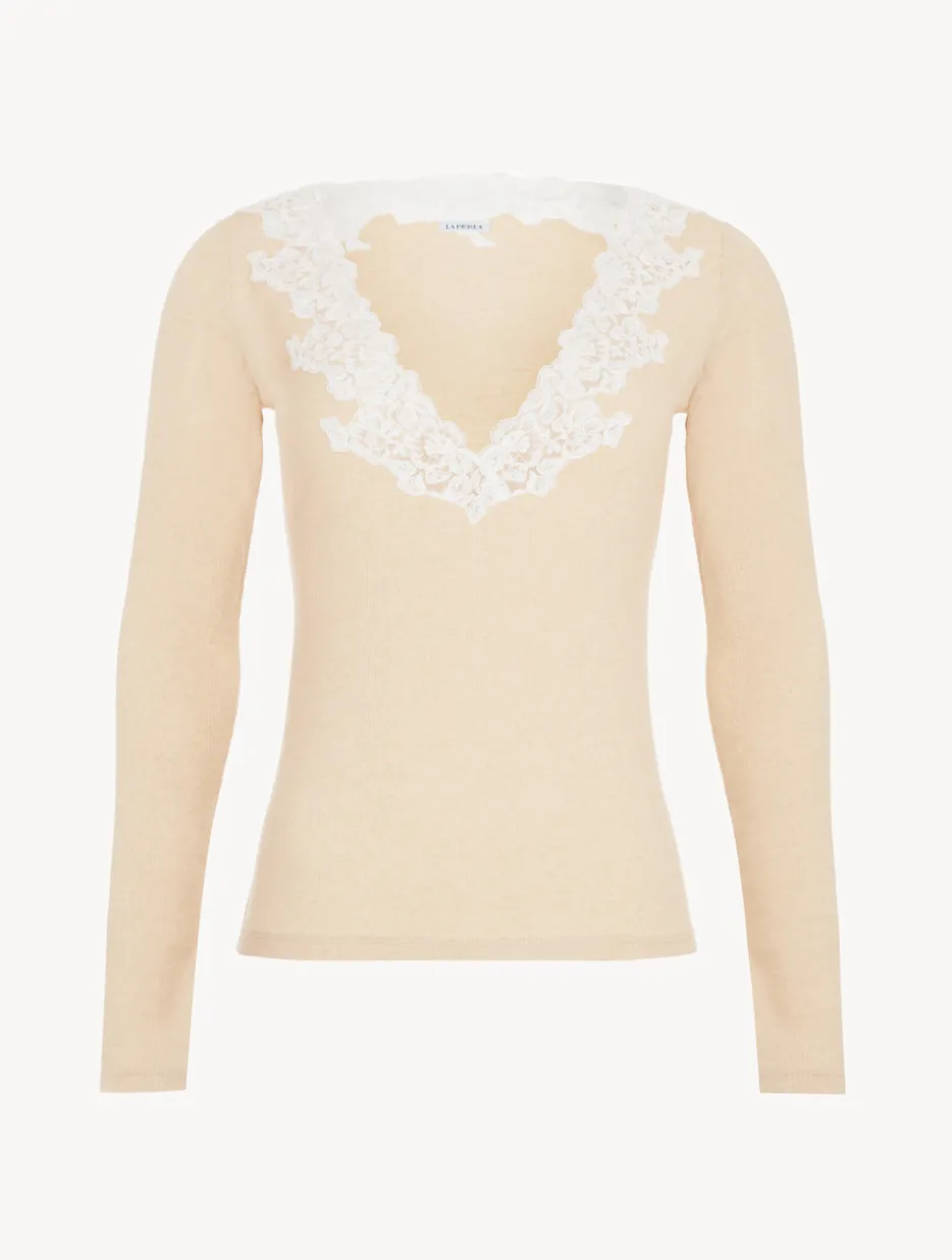 Cashmere Blend Ribbed Long-sleeved Top In Halo With Frastaglio