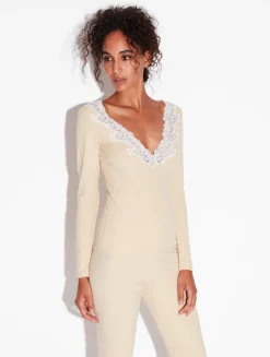 Cashmere Blend Ribbed Long-sleeved Top In Halo With Frastaglio