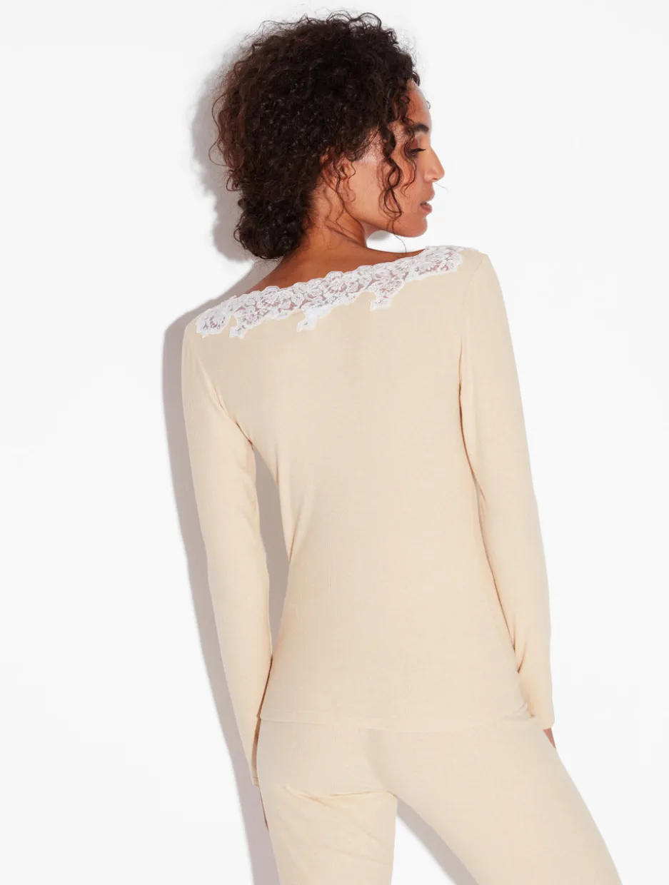 Cashmere Blend Ribbed Long-sleeved Top In Halo With Frastaglio