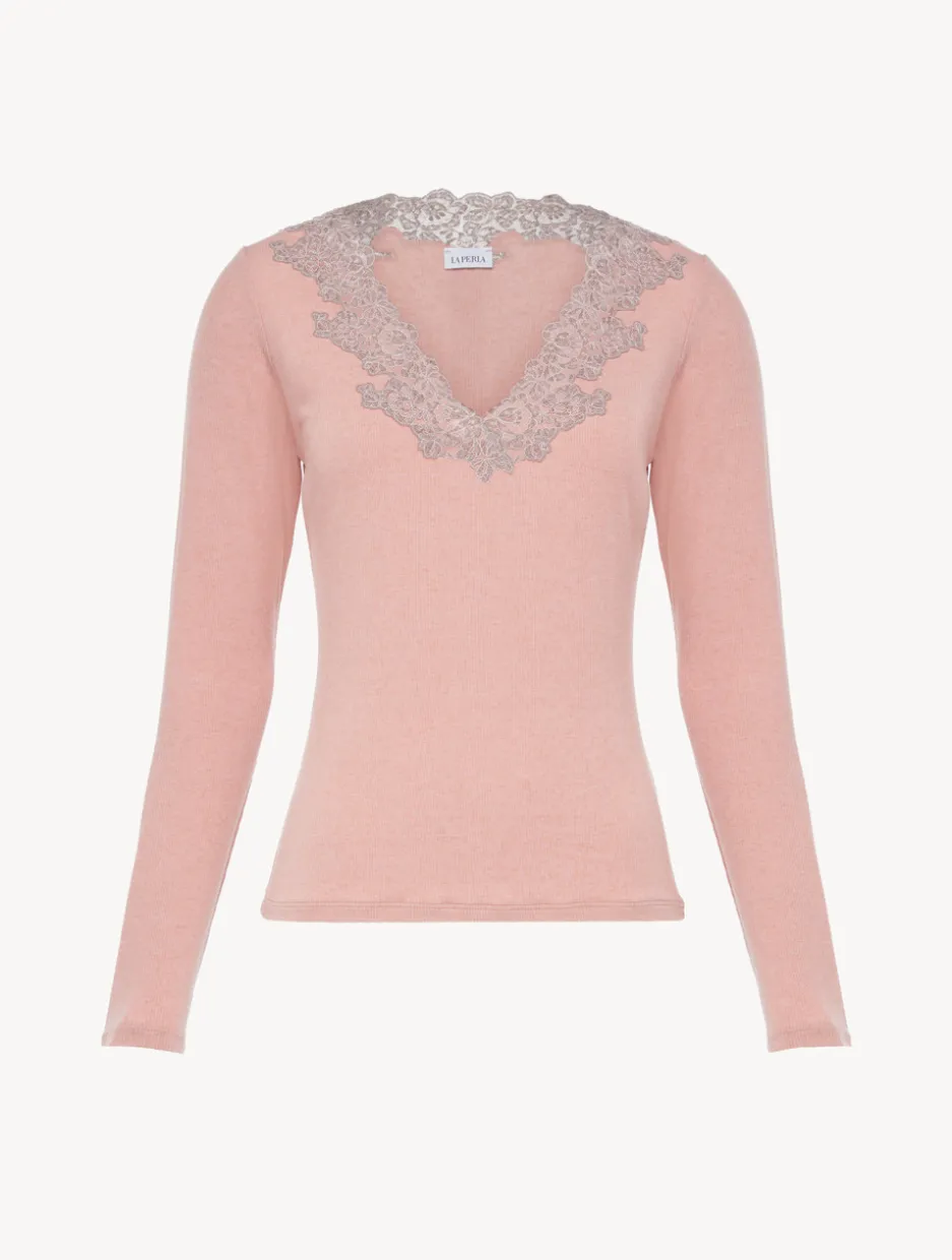 Cashmere Blend Ribbed Long-sleeved Top In Blush Clay With Frastaglio