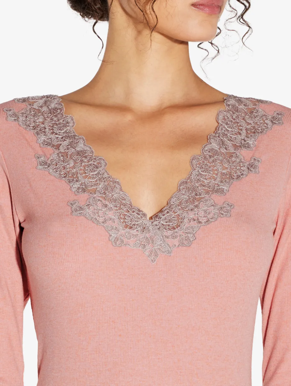 Cashmere Blend Ribbed Long-sleeved Top In Blush Clay With Frastaglio