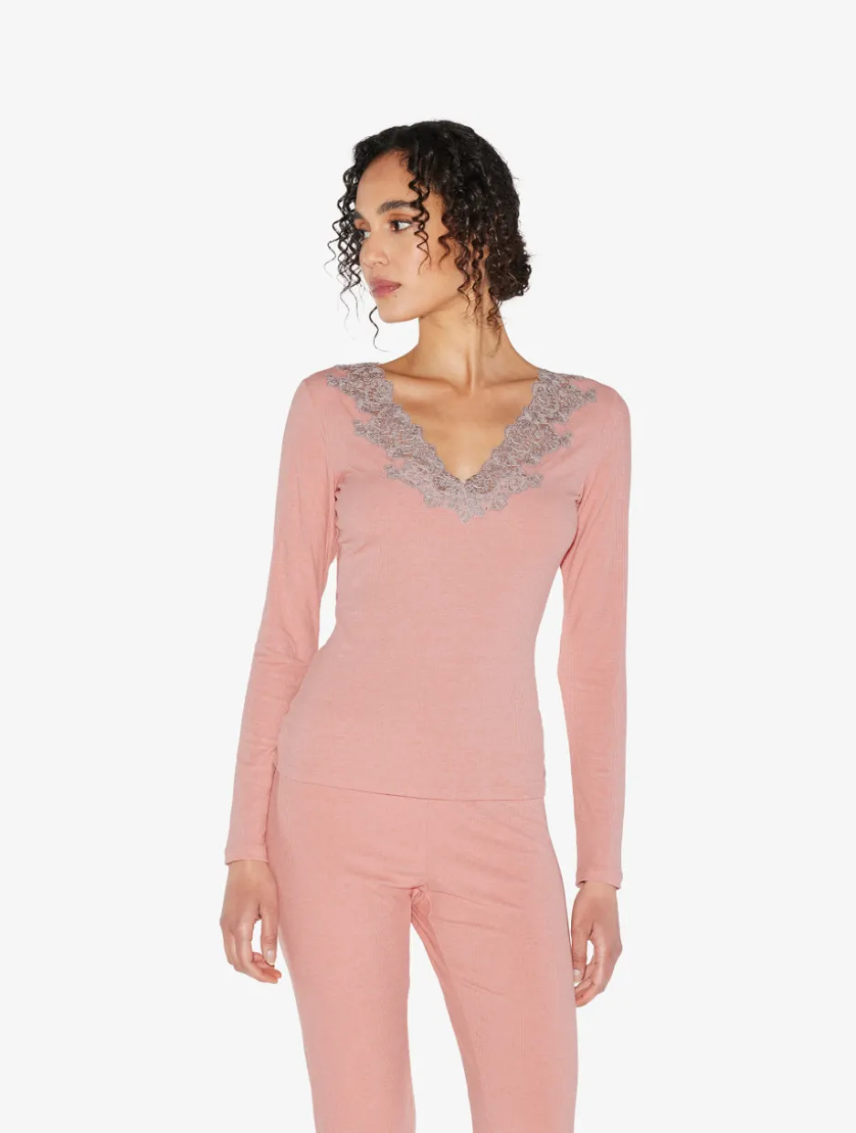 Cashmere Blend Ribbed Long-sleeved Top In Blush Clay With Frastaglio