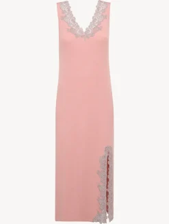 Cashmere Blend Ribbed Long Nightgown In Blush Clay With Frastaglio