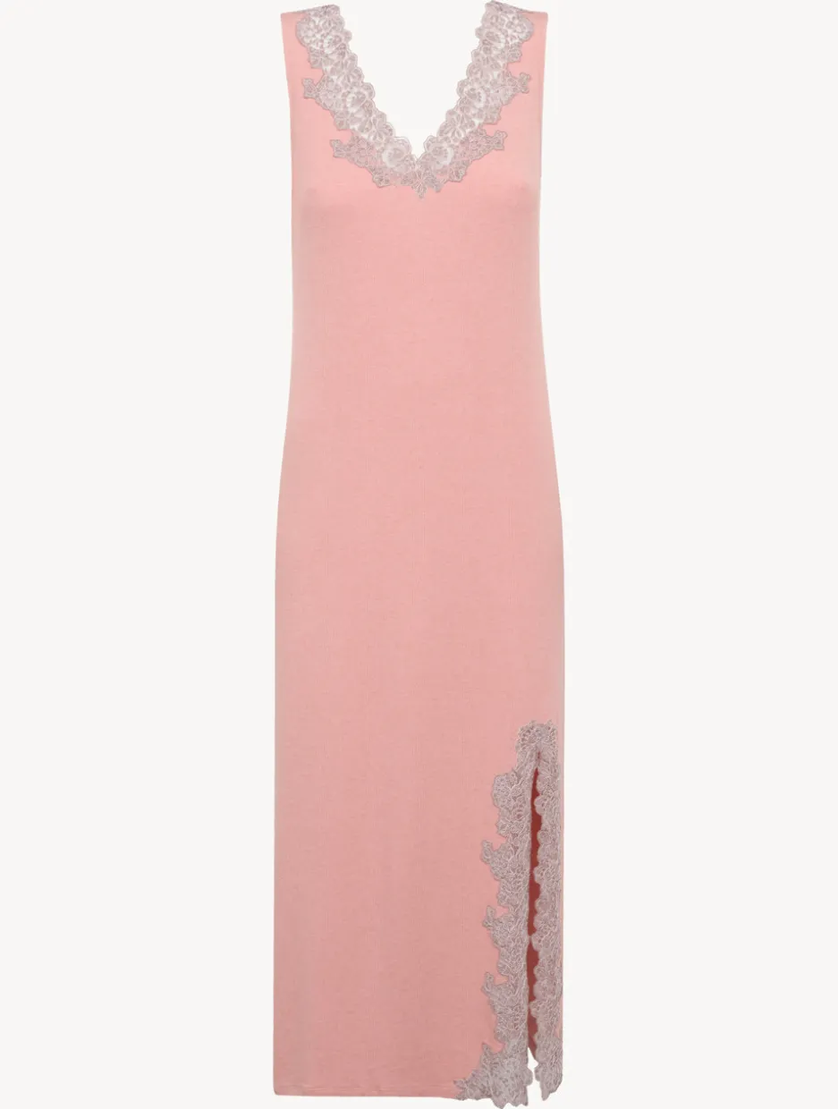 Cashmere Blend Ribbed Long Nightgown In Blush Clay With Frastaglio