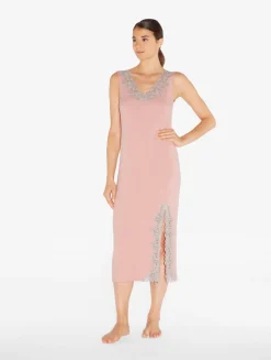 Cashmere Blend Ribbed Long Nightgown In Blush Clay With Frastaglio