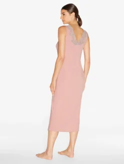 Cashmere Blend Ribbed Long Nightgown In Blush Clay With Frastaglio