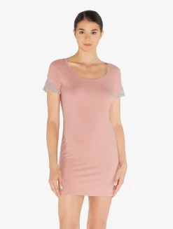 Cashmere Blend Ribbed Short Nightgown In Blush Clay With Frastaglio