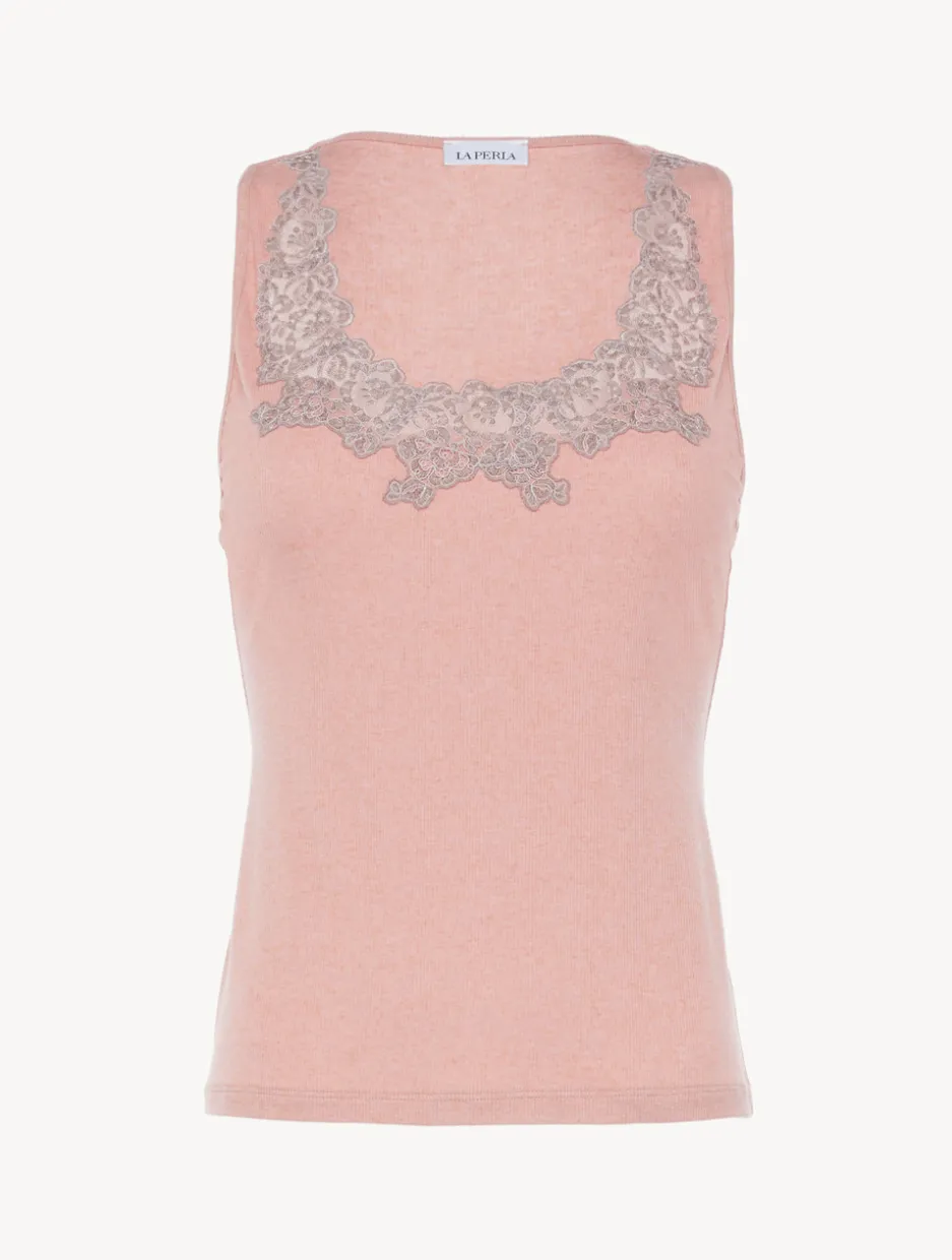 Cashmere Blend Ribbed Tank Top In Blush Clay With Frastaglio