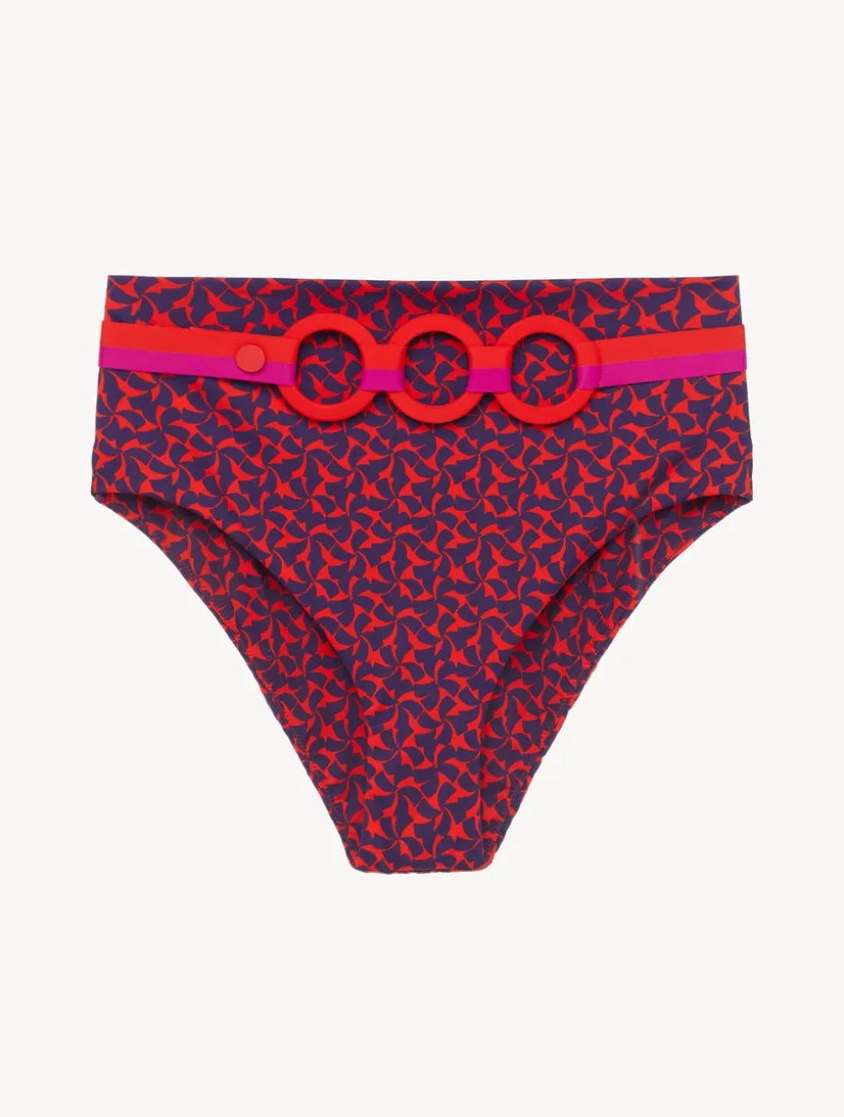 High-waisted Belted Bikini Briefs In Red And Blue