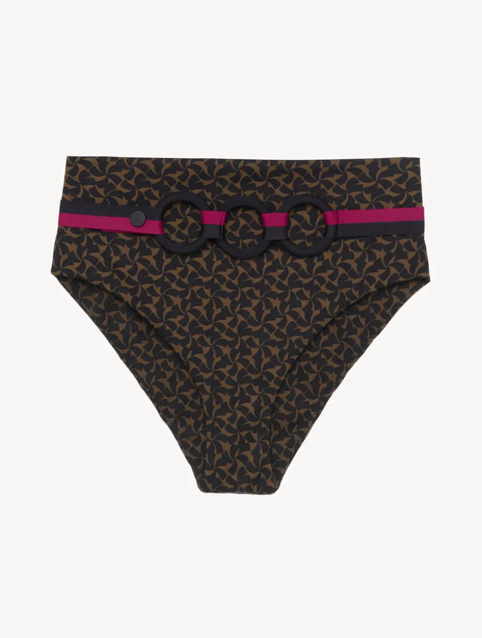 High-waisted Belted Bikini Briefs In Dark Green And Black