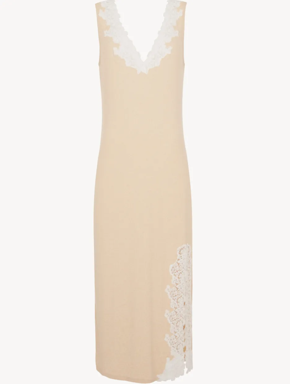 Long Cashmere Blend Ribbed Nightgown In Halo With Frastaglio
