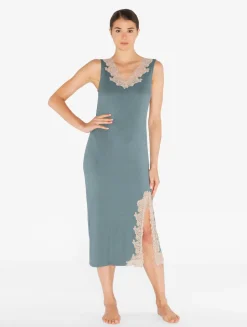 Long Cashmere Blend Ribbed Nightgown In Sleepy Dream With Frastaglio