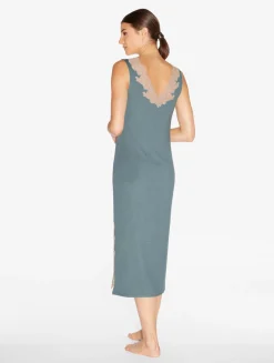 Long Cashmere Blend Ribbed Nightgown In Sleepy Dream With Frastaglio