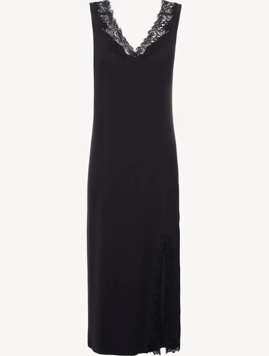 Long Cashmere Blend Ribbed Nightgown In Onyx With Frastaglio