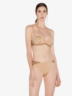 Medium Brief In Beige Lycra With Embroidered Tulle