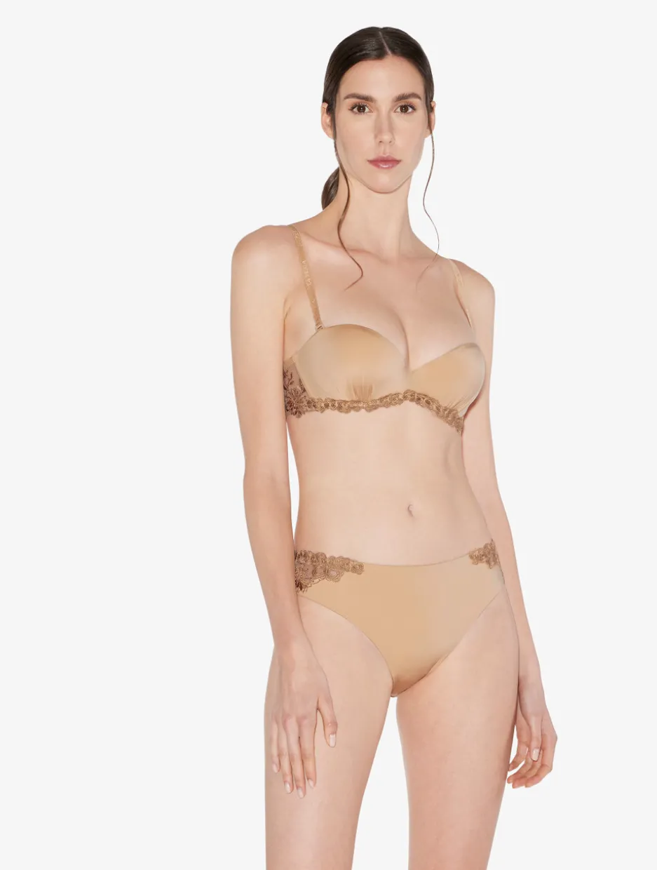 Medium Brief In Beige Lycra With Embroidered Tulle