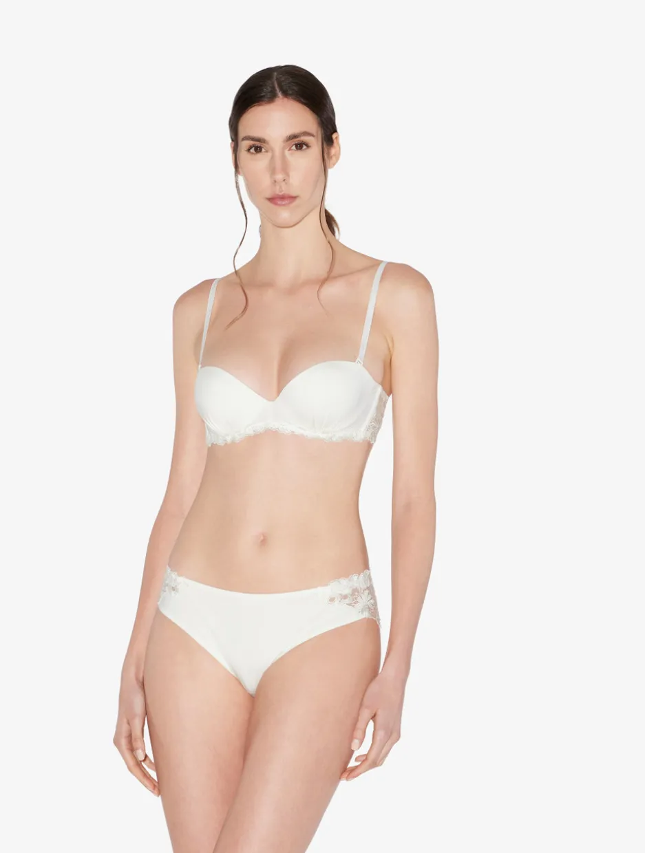 Medium Brief In Off-white Lycra With Embroidered Tulle