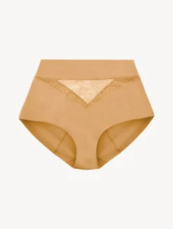 Nude Lycra Control Fit High-waist Briefs With Chantilly Lace