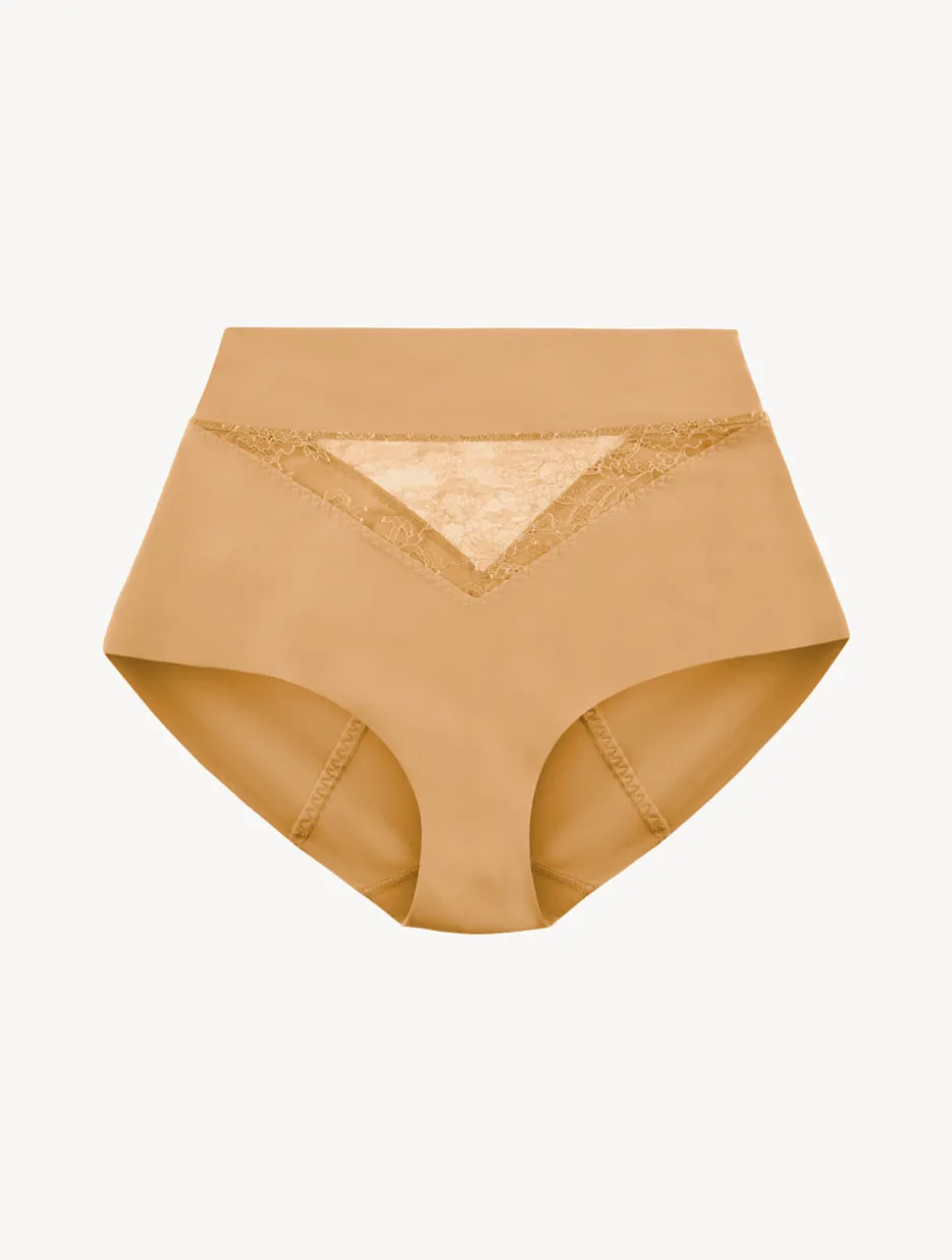 Nude Lycra Control Fit High-waist Briefs With Chantilly Lace