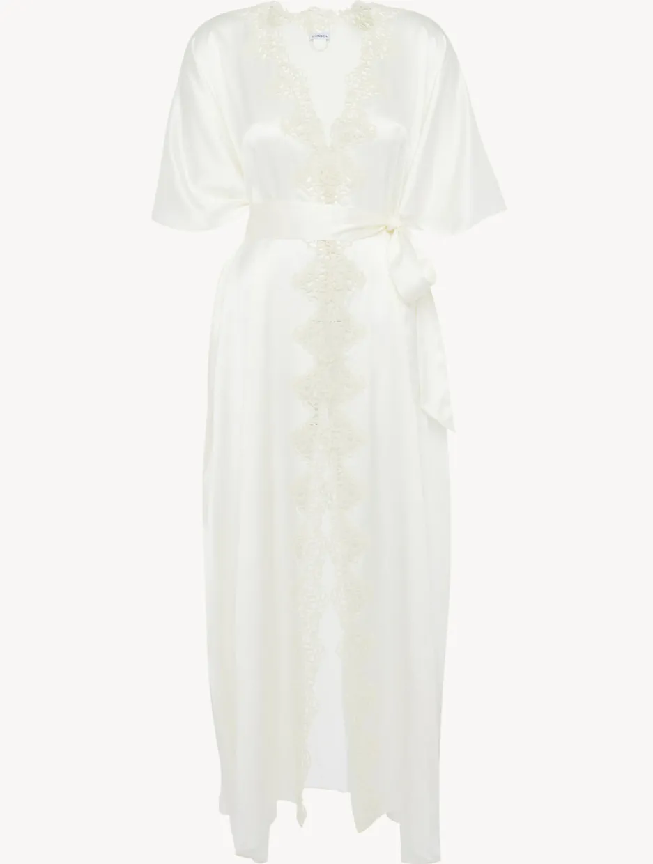 Off-white Long Silk Robe With Macramé