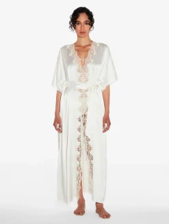 Off-white Long Silk Robe With Macramé