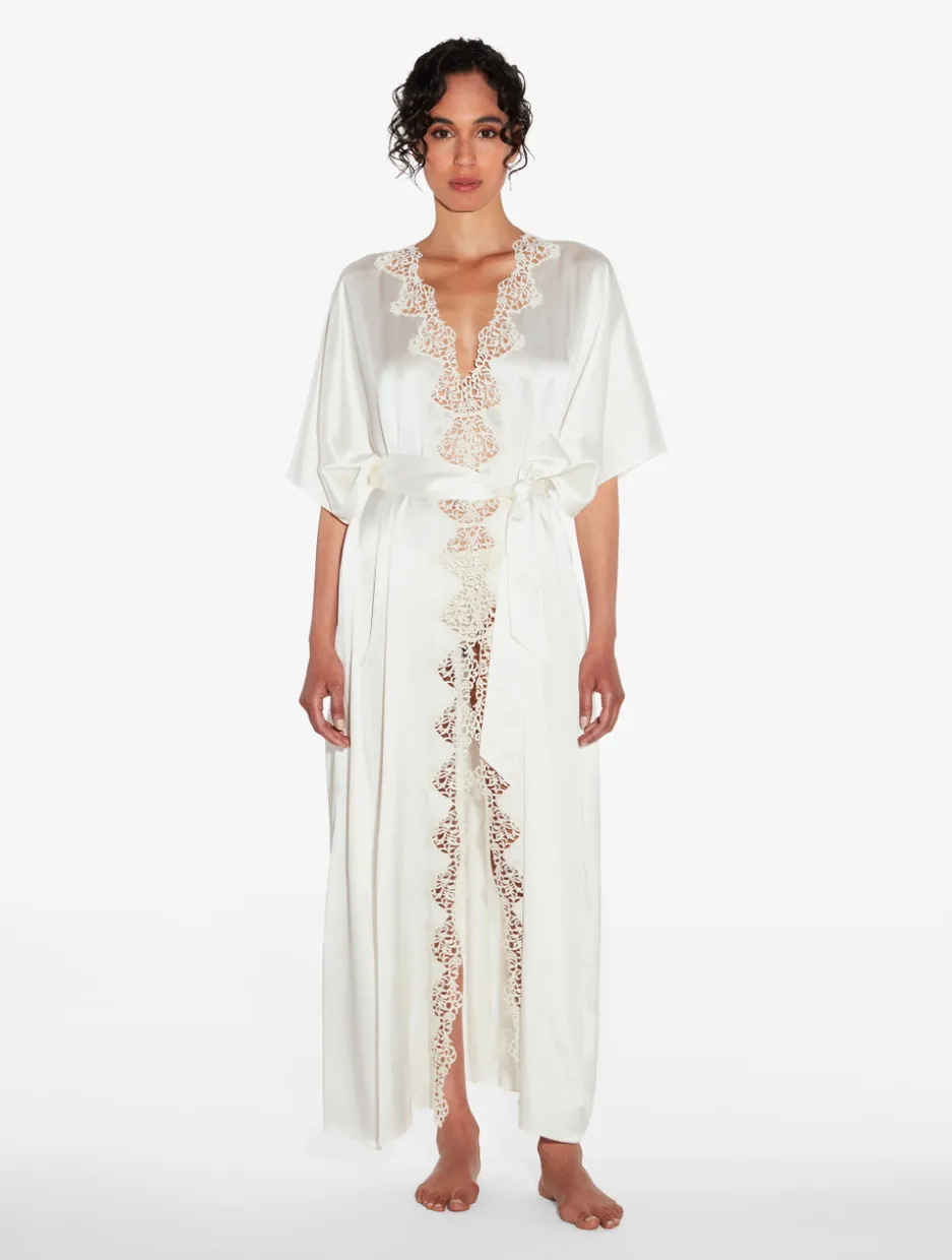 Off-white Long Silk Robe With Macramé