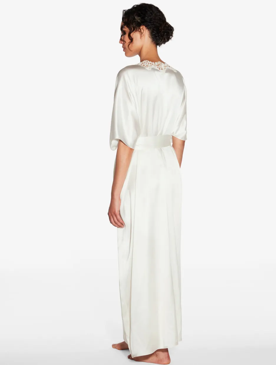 Off-white Long Silk Robe With Macramé