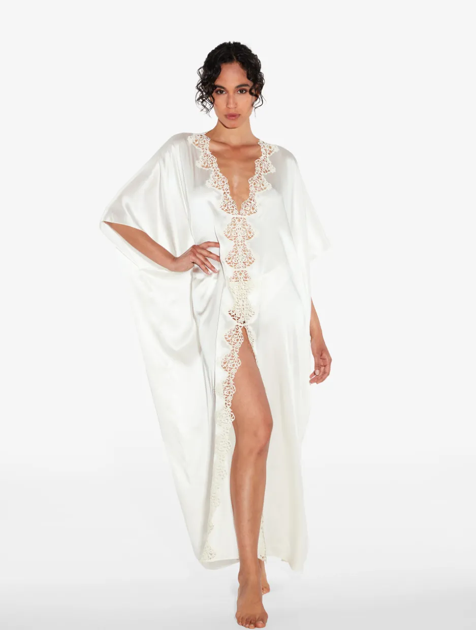 Off-white Long Silk Robe With Macramé